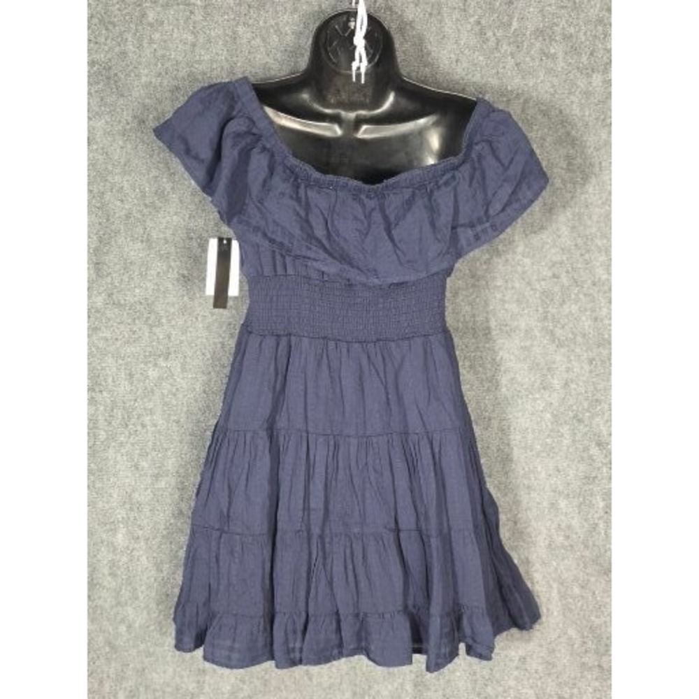 Xtraordinary Navy Blue Off Shoulder Smocked Mini Dress Womens Medium Tiered Cute - Picture 2 of 14